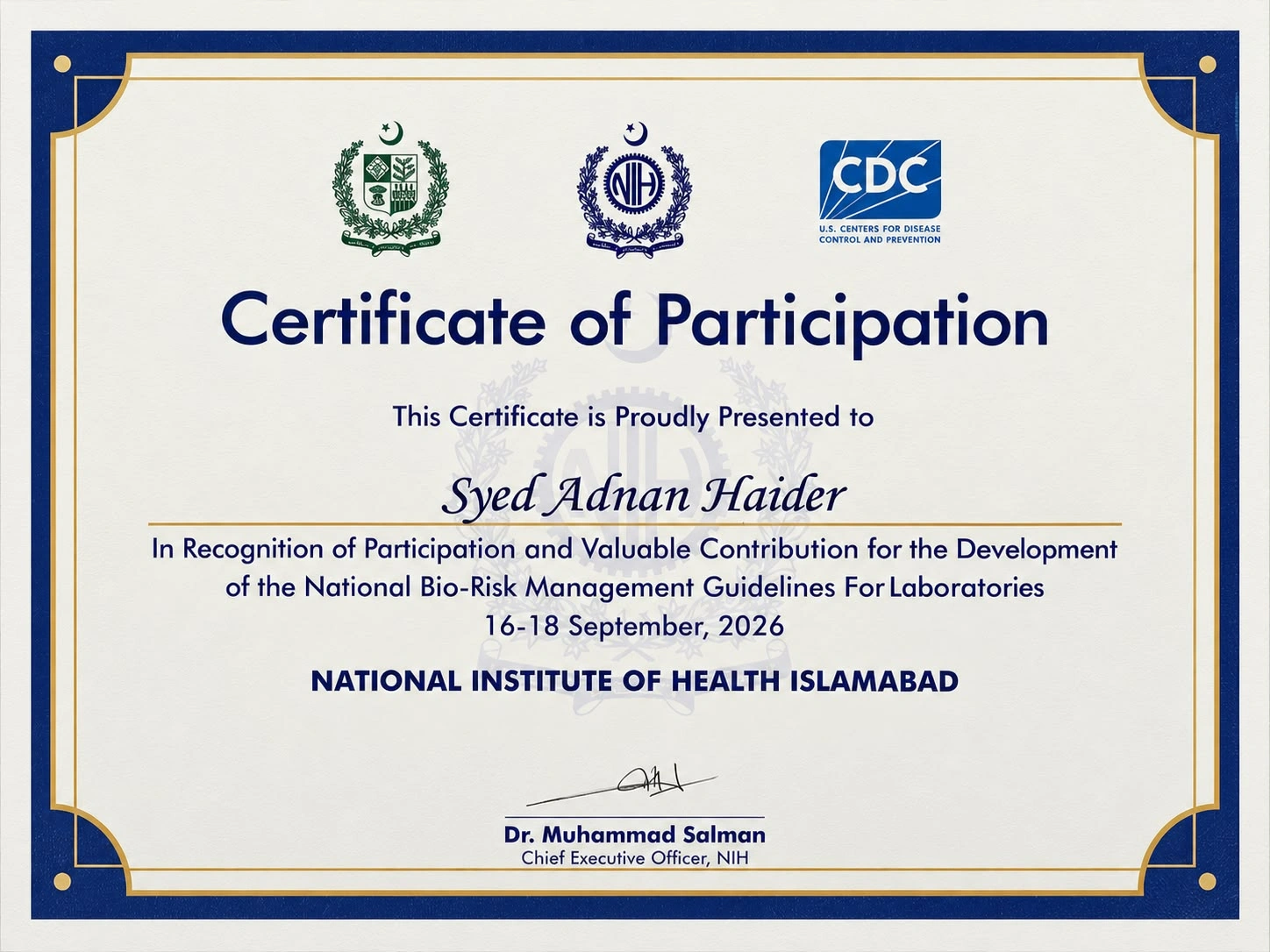 Certificate recognizing Syed Adnan Haider's participation and contribution to developing the National Bio-Risk Management Guidelines for Laboratories.
