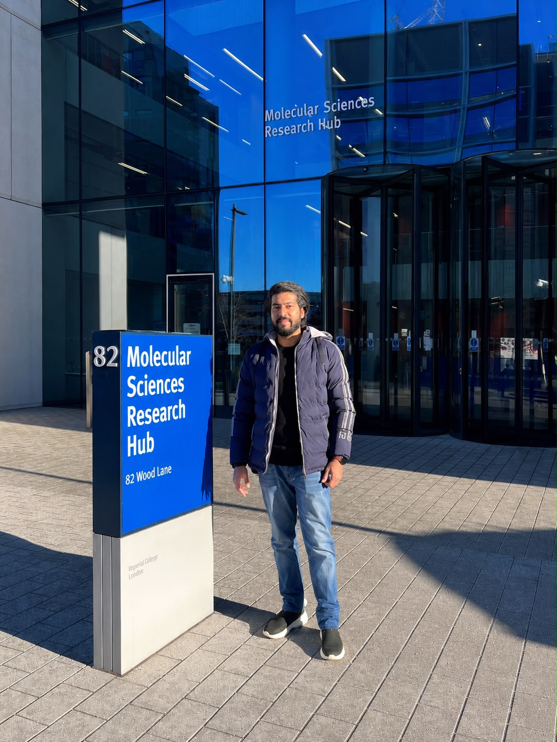Syed Adnan Haider outside the Molecular Sciences Research Hub at Imperial College London during his November 2025 scientific visit.